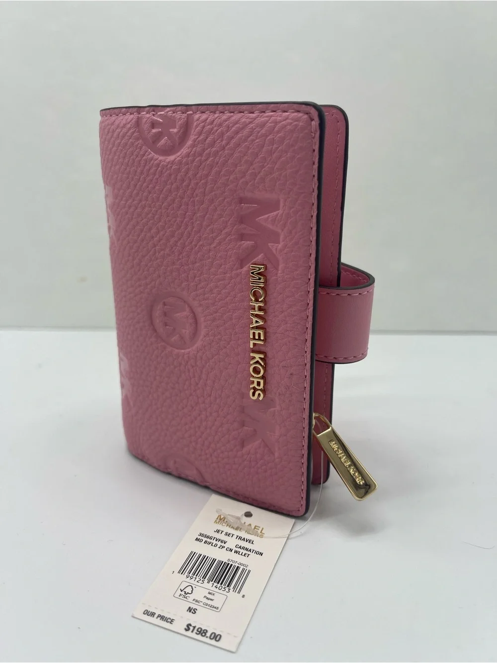 Michael KORS Jet Set Travel Md Zip CN Logo Debossed Bifold Wallet Carnation  NWT